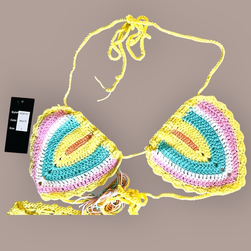 Hot & Delicious Crochet Rainbow Halter Top + Flare Pants Set L Festival Y2K - Picture 6 of 9